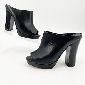 Black Leather Platform Mule Peep Toe Patent Block Heels